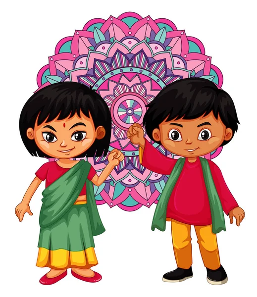 印度有曼陀罗背景的男孩和女孩 — 图库矢量图片