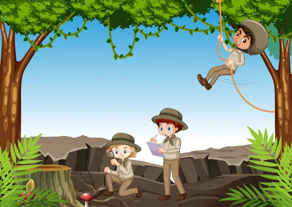 Escena con niños explorando la naturaleza en el bosque — Archivo Imágenes Vectoriales