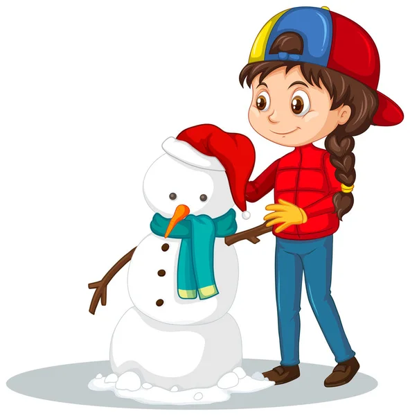 Girl with snowman on isolated background — Stock Vector