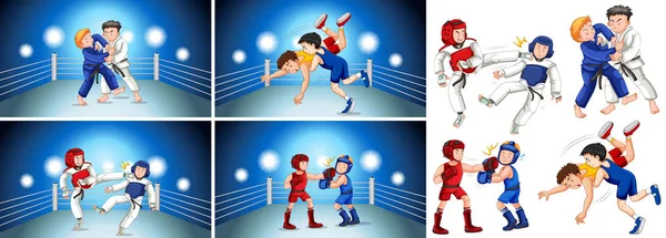 Cuatro escenas de personas haciendo diferentes artes marciales — Vector de stock