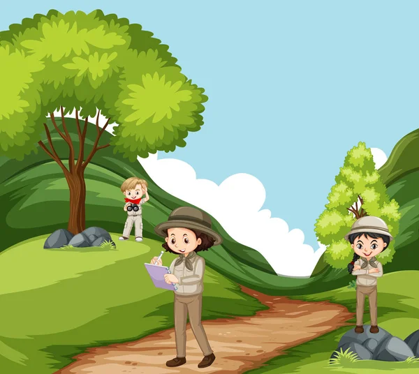 Scéna se třemi dětmi objevujícími přírodu v parku — Stockový vektor