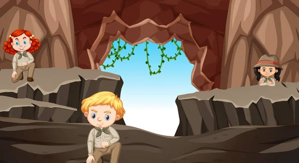 Сцена с тремя детьми в пещере — стоковый вектор