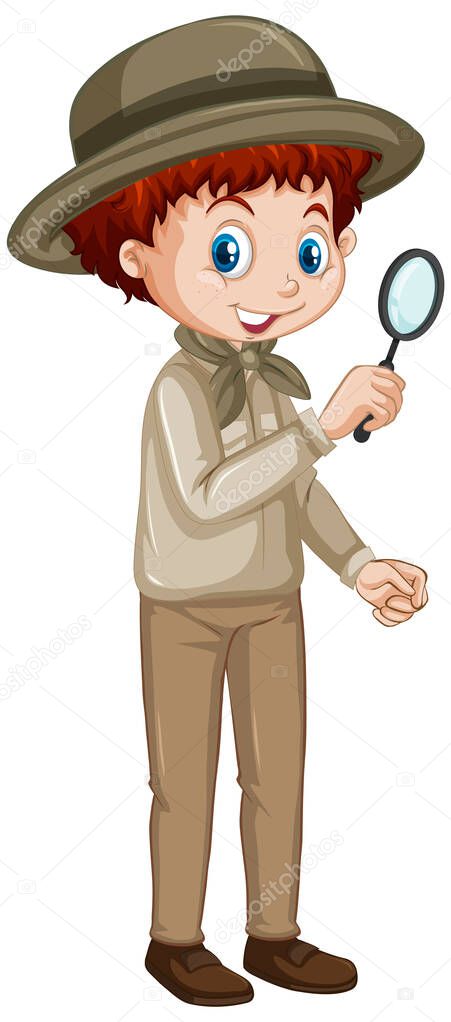 Boy with magnifying glass on white background