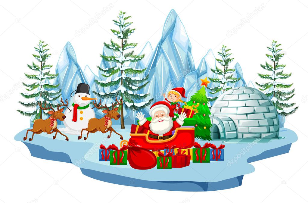 Scene with Santa and snowman in winter time
