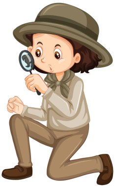 Girl with magnifying glass on white background clipart