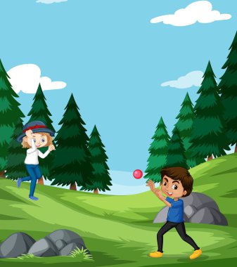 Parkta kız ve oğlanın top oynadığı sahne