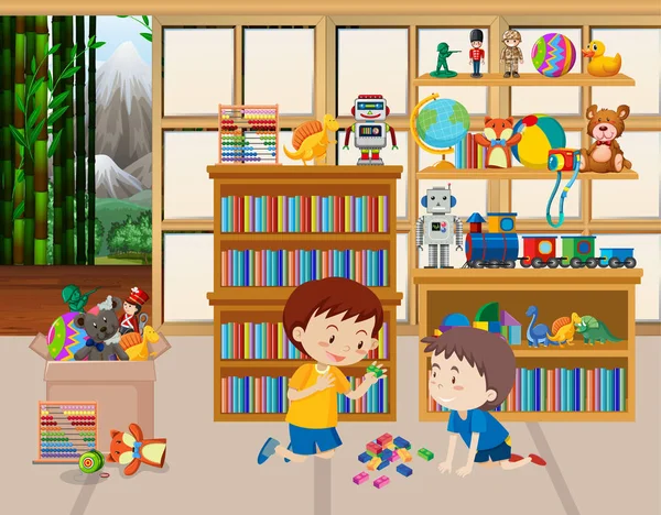 Scena z dwoma chłopcami bawiącymi się zabawkami w pokoju — Wektor stockowy