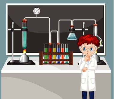Kimya laboratuvarında çalışan erkek bilim adamı.