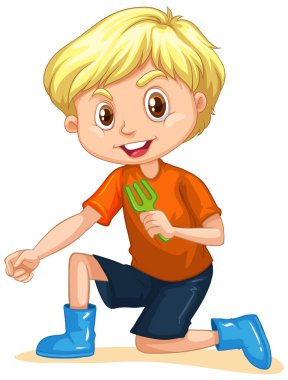 Beyaz arka planda bahçe çatalı olan çocuk.