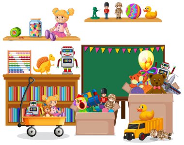 Beyaz arka planda kitap ve oyuncaklarla dolu raflar.