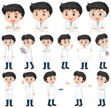 Önlüklü çocuk farklı pozlar veriyor.