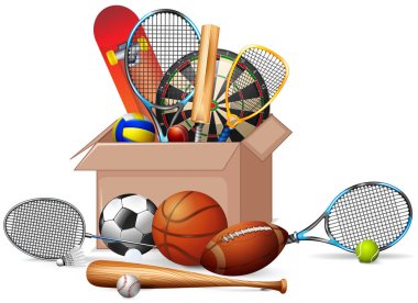 Beyaz arkaplanda spor malzemeleriyle dolu bir kutu