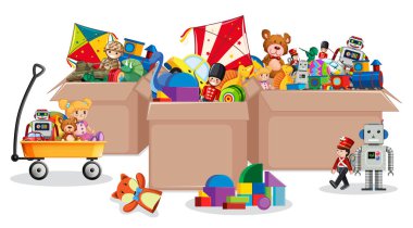 Three boxes full of toys on white background clipart