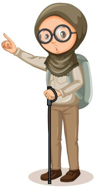 Beyaz arka planda yürüyüş çubuğu olan Müslüman kız