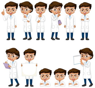 Önlüklü çocuk farklı pozlar veriyor.