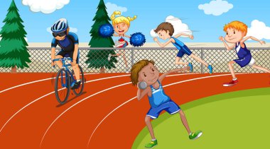 Background scene with athletes doing track and field sports