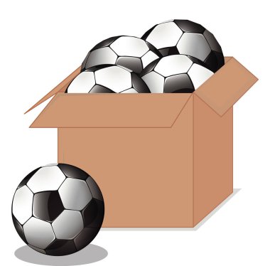 Box full of soccer balls on white background