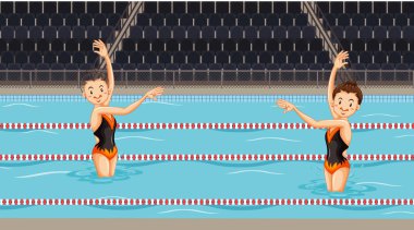 Scene with girls doing water synchronized dance in the pool