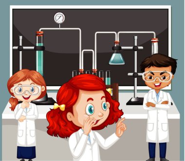 Üç bilim öğrencisinin laboratuvar yaptığı sınıf sahnesi