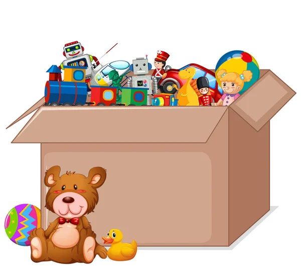 Cardboard box full of toys on white background — 스톡 벡터