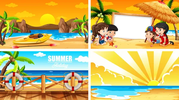 Cuatro escenas de fondo con verano en la playa — Vector de stock