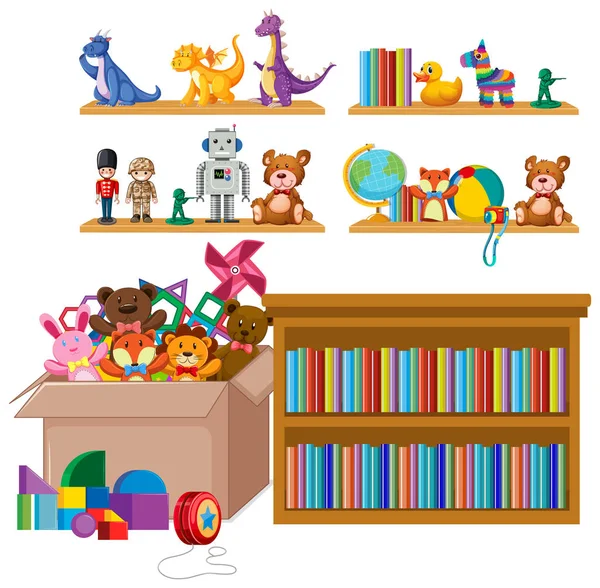 Mensola e scatola piena di giocattoli su sfondo bianco — Vettoriale Stock