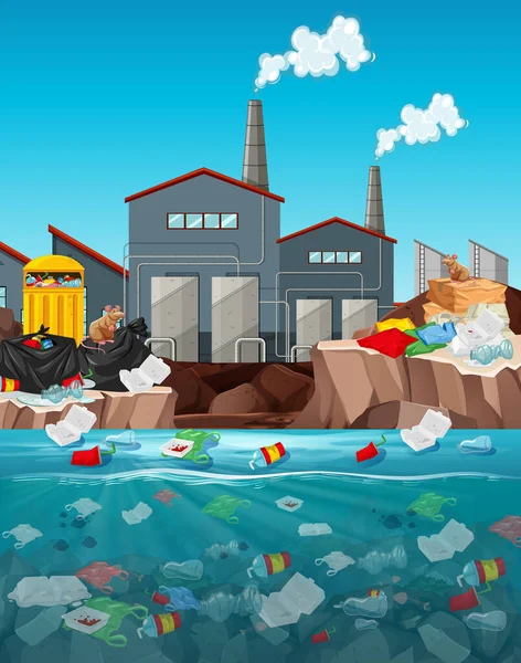 Zanieczyszczenie wody plastikowymi torbami w rzece — Wektor stockowy