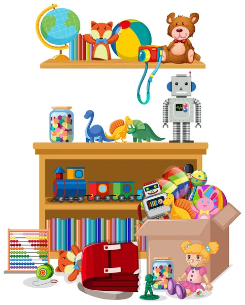 Shelf and box full of toys on white background — Stock Vector