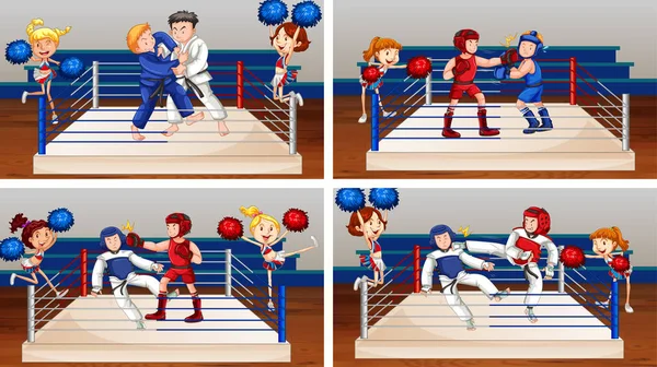 Escena de fondo con atletas luchando en el ring — Vector de stock