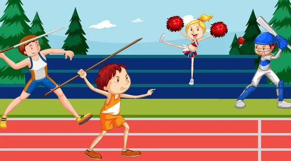 Background scene with athletes doing track and field events — 스톡 벡터
