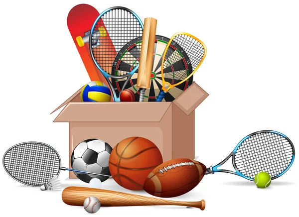 Box full of sport equipments on white background — 스톡 벡터