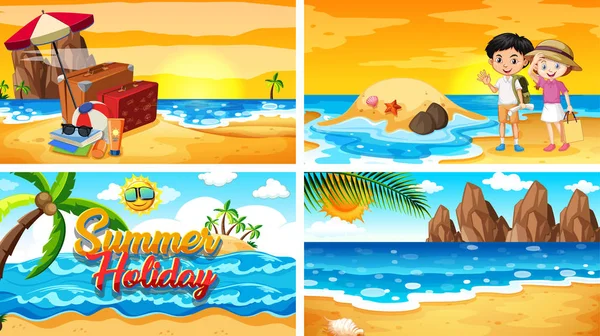 Cuatro escenas de fondo con verano en la playa — Vector de stock