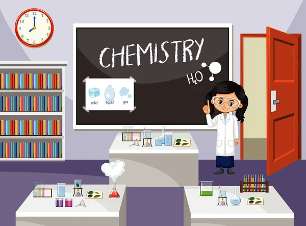 Escena en el aula con un estudiante de ciencias delante de la clase — Vector de stock