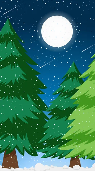 Escena de fondo con nieve de invierno en bosque de pinos — Vector de stock