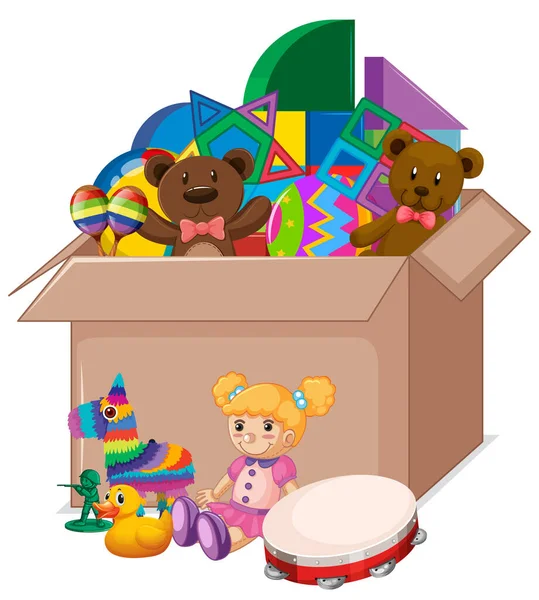 Caixa de papelão cheia de brinquedos no fundo branco —  Vetores de Stock