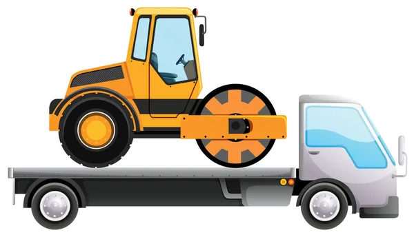 Flatebed truck carrying tractor on isolated background — Stock Vector