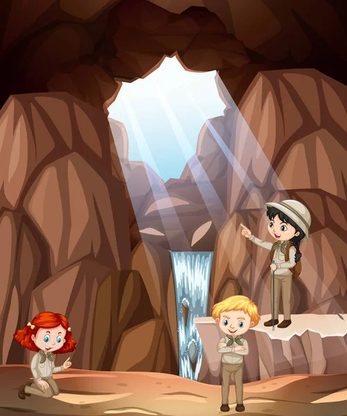 Cena com três crianças explorando caverna — Vetor de Stock