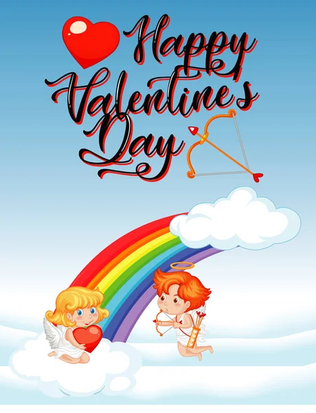 Tema Valentine con cupidos volando en el cielo del arco iris — Vector de stock