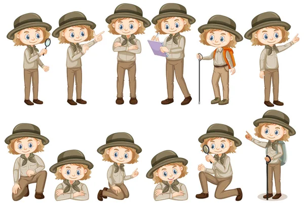 Girl in safari outfit doing different things — Stock Vector