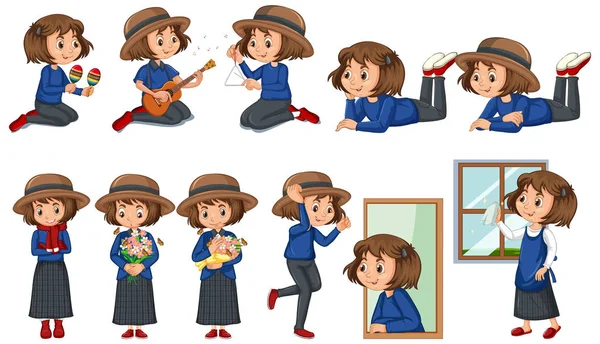 Conjunto de chica feliz haciendo diferentes actividades — Vector de stock