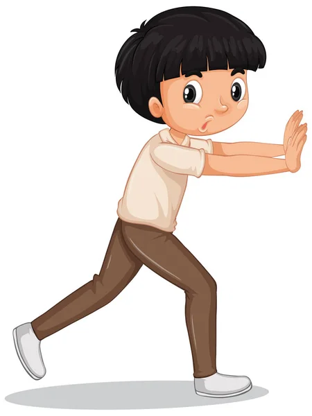 Boy pushing wall on white background — Stock Vector