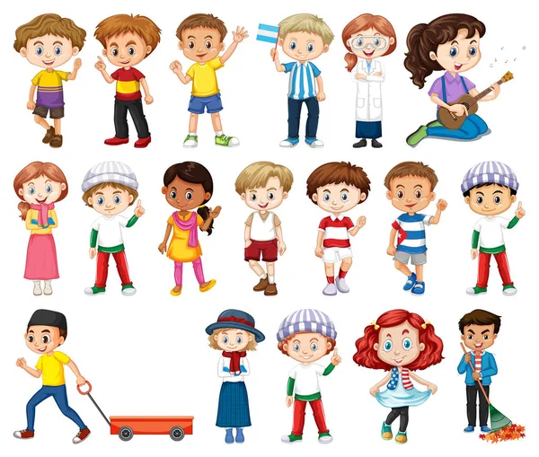 Large set of boys and girls doing different activity on white ba — Stock Vector
