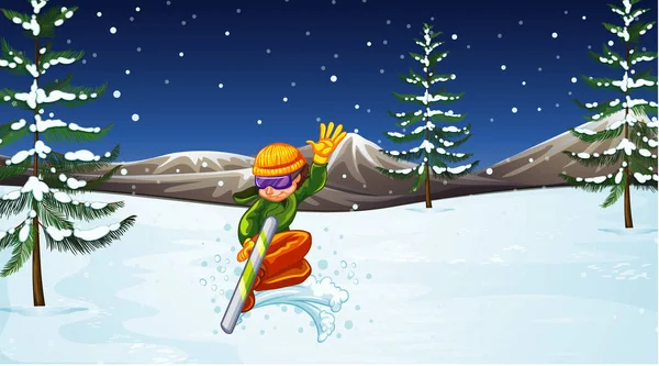 Scene with athlete snowboarding in the field — Stock Vector