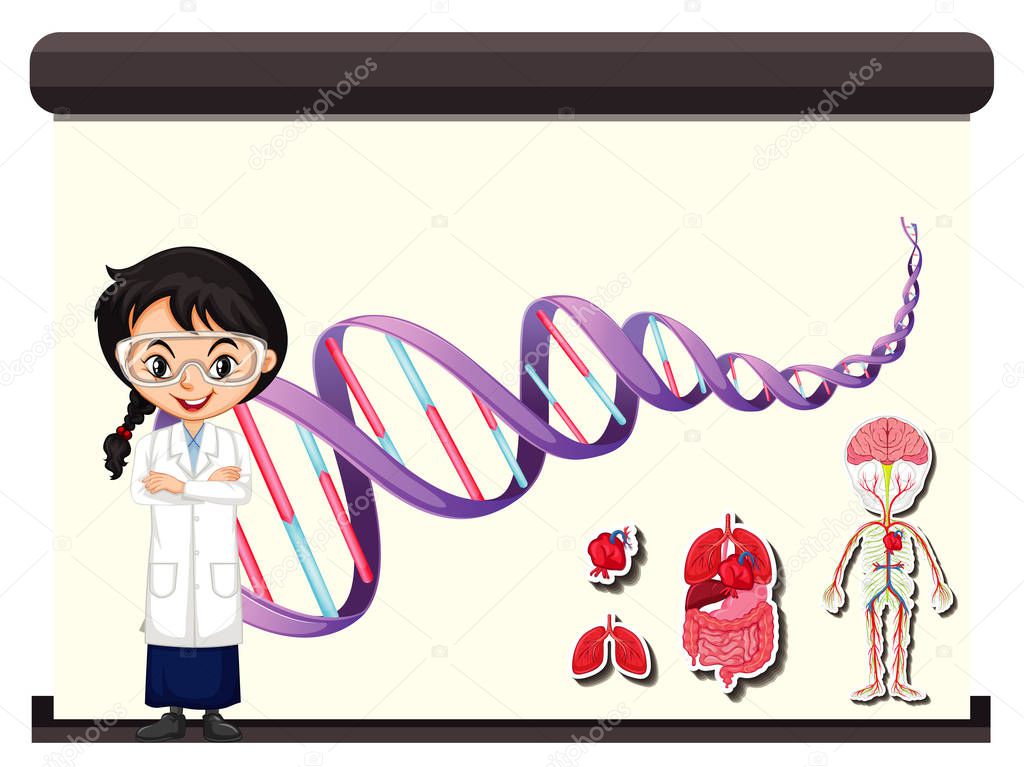 Scientist with diagram of human DNA