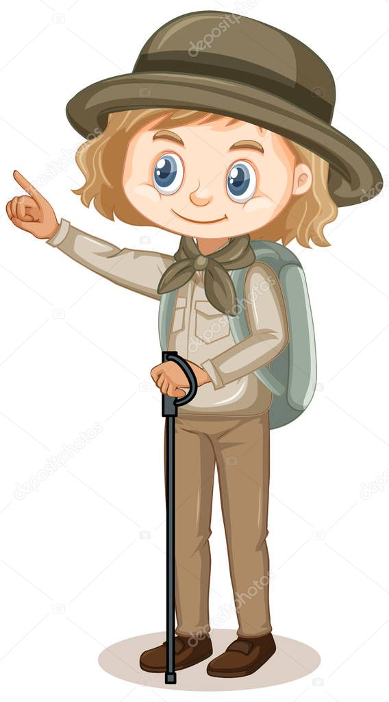 Girl in hiking clothes on white background