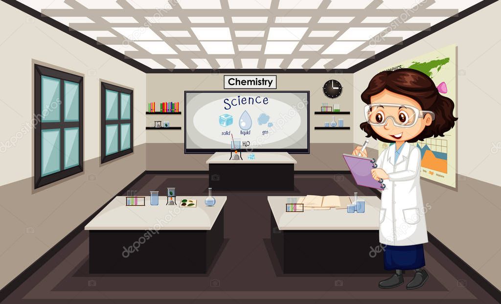 Classroom scene with science student writing notes