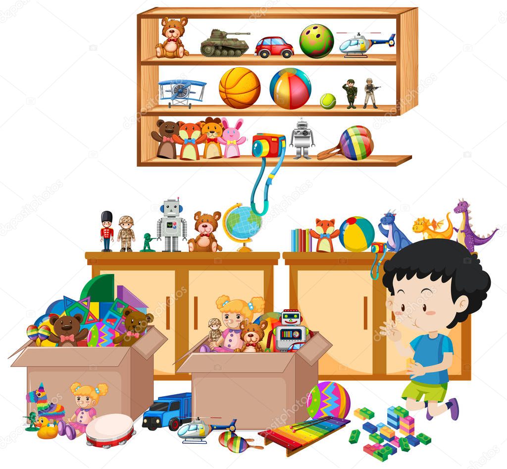 Shelf full of books and toys on white background