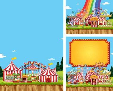 Three scene of circus with many rides clipart