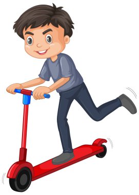 Beyaz arka planda scooter oynayan sevimli çocuk.