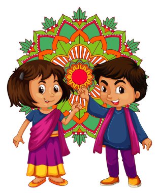 Arka planda mandala deseni olan Hintli erkek ve kız